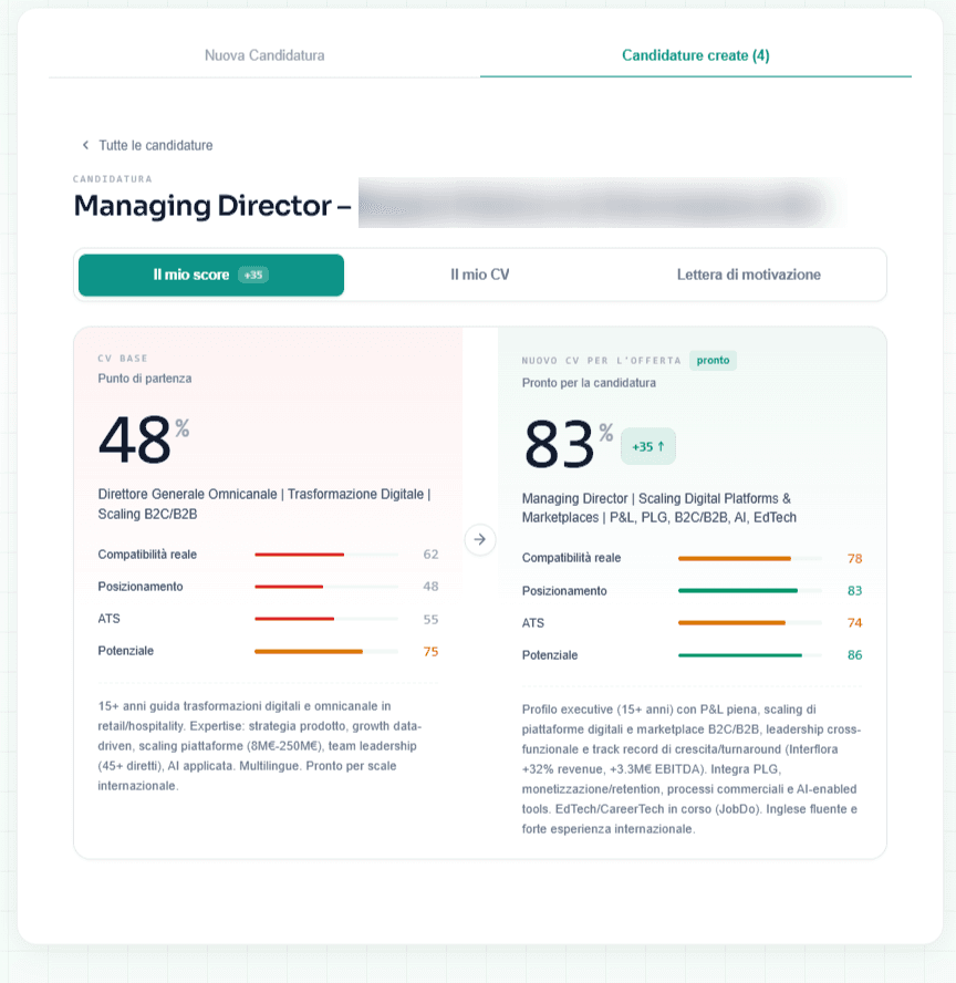 Schermata di CV Match di JobDo che mostra lo score di compatibilità del curriculum con un'offerta di lavoro